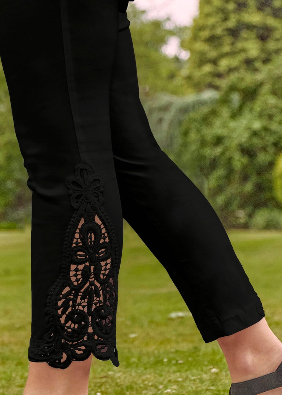 Roman Black Lace Insert Elastic Waist Crop Trousers