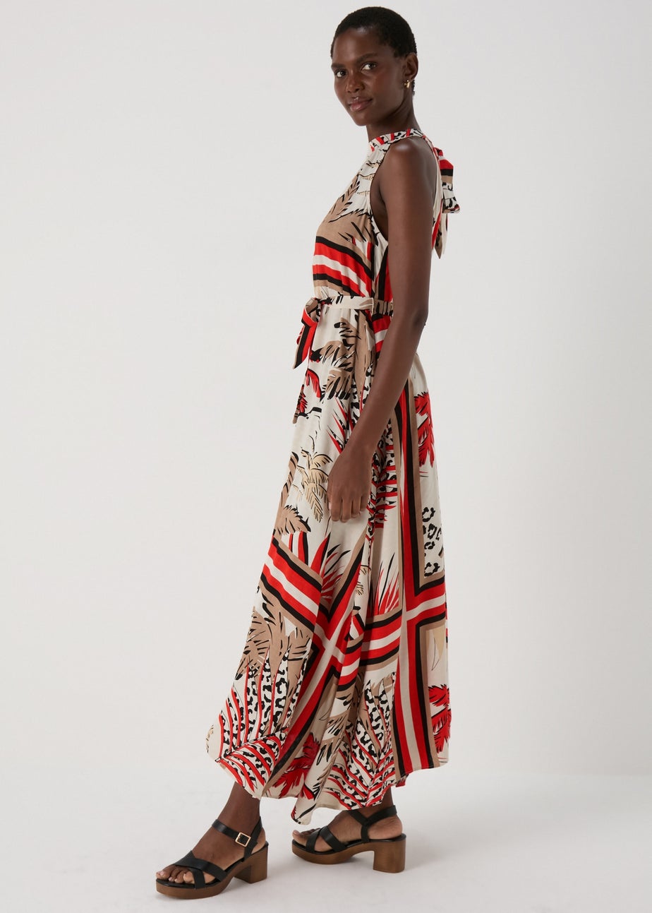 Multicolour Scarf Print Halterneck Midi Dress