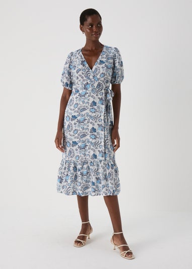 Blue Floral Wrap Midi Dress