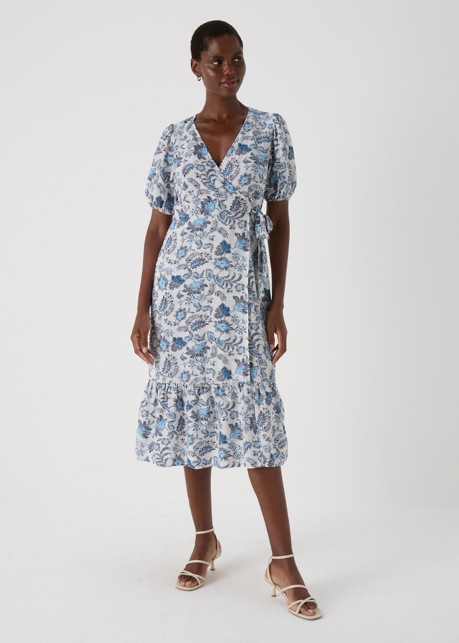 Blue Floral Wrap Midi Dress