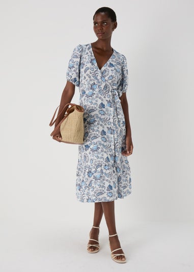 Blue Floral Wrap Midi Dress