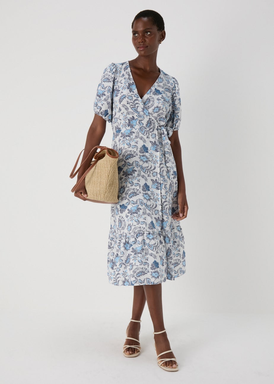 Blue Floral Wrap Midi Dress