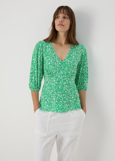 Green Floral V Neck Empire Seam Top