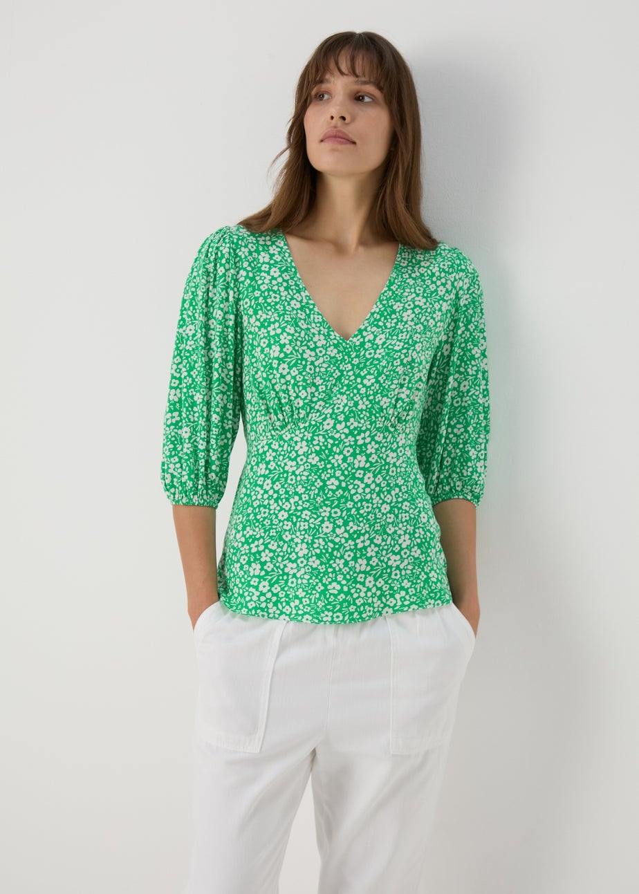 Green Floral V Neck Empire Seam Top