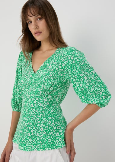 Green Floral V Neck Empire Seam Top