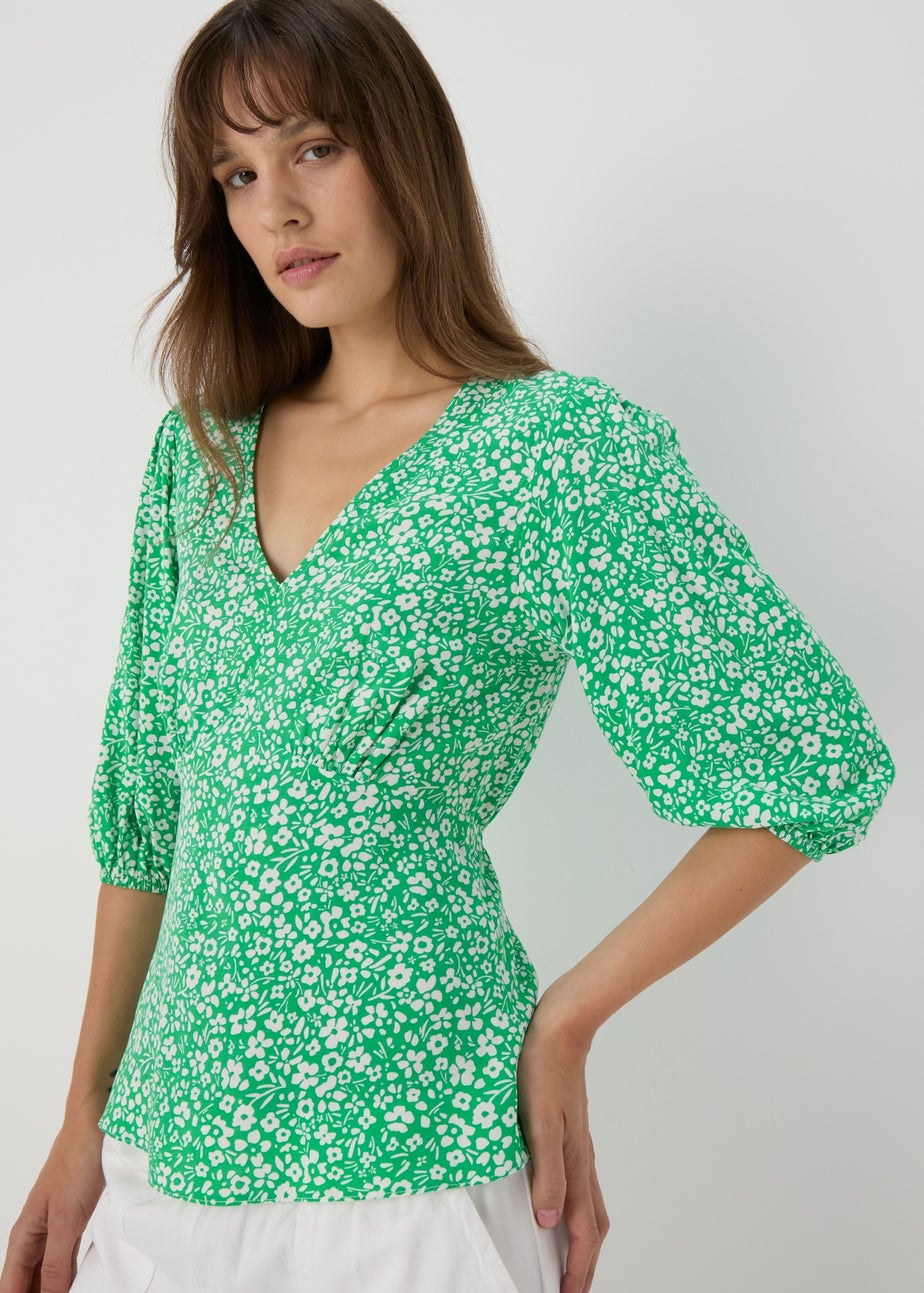 Green Floral V Neck Empire Seam Top
