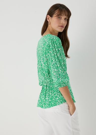 Green Floral V Neck Empire Seam Top