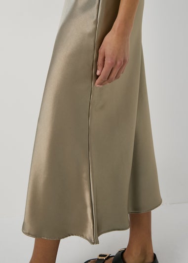 Khaki Satin Midi Slip Skirt