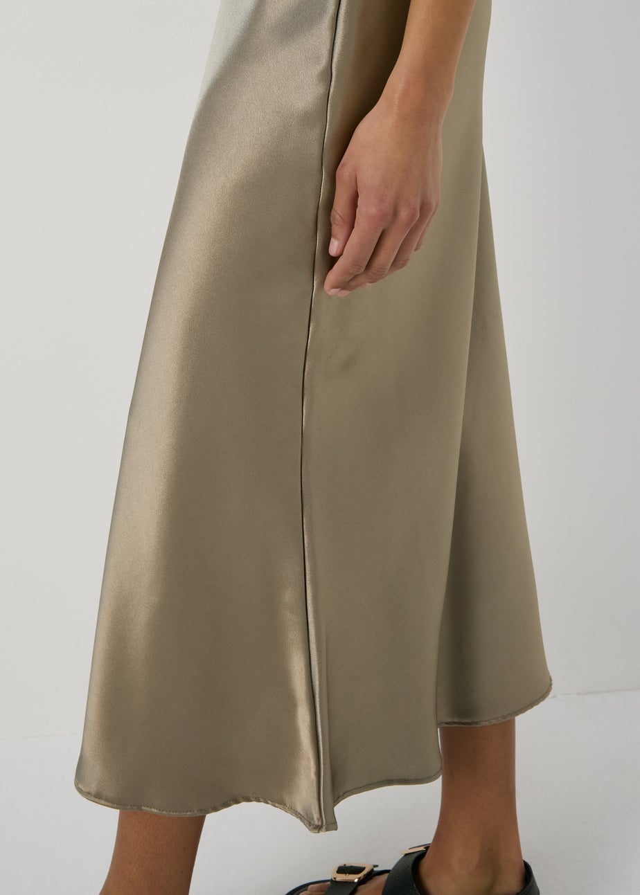 Khaki Satin Midi Slip Skirt