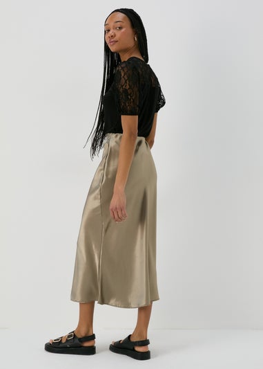 Khaki Satin Midi Slip Skirt