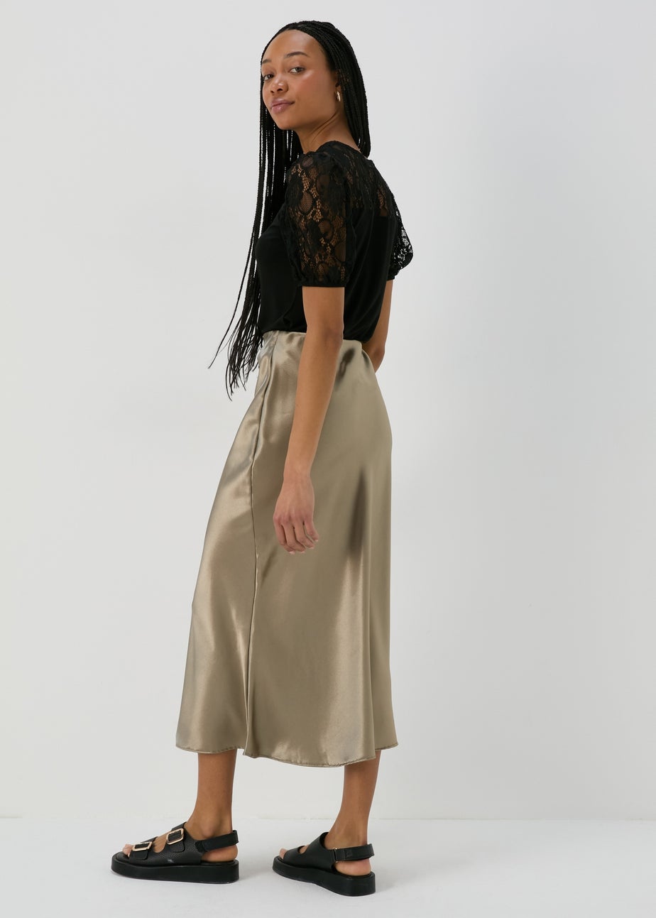 Khaki Satin Midi Slip Skirt