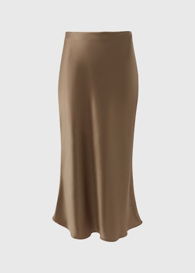 Khaki Satin Midi Slip Skirt