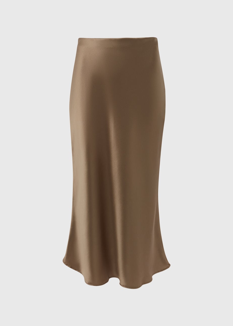 Khaki Satin Midi Slip Skirt
