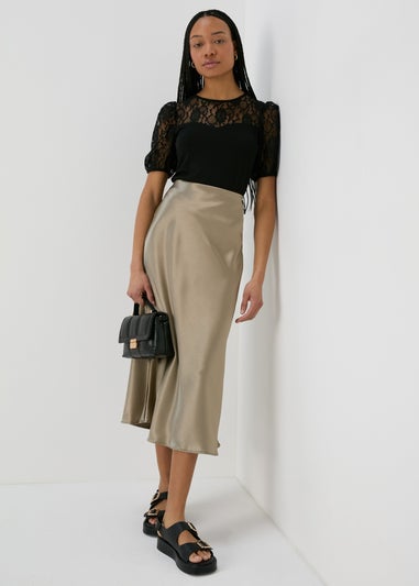 Khaki Satin Midi Slip Skirt