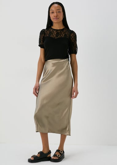 Khaki Satin Midi Slip Skirt