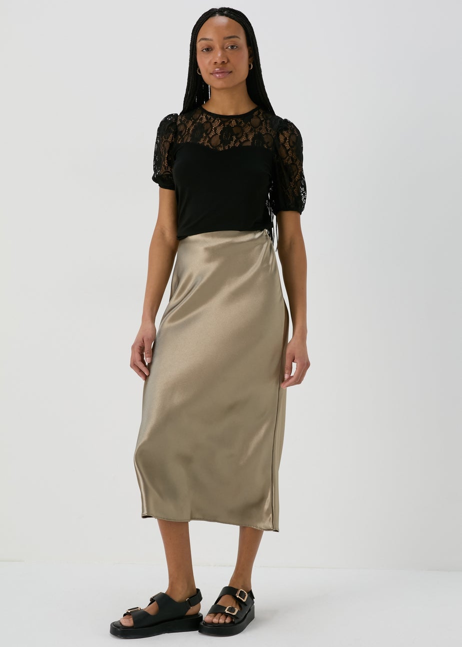 Khaki Satin Midi Slip Skirt