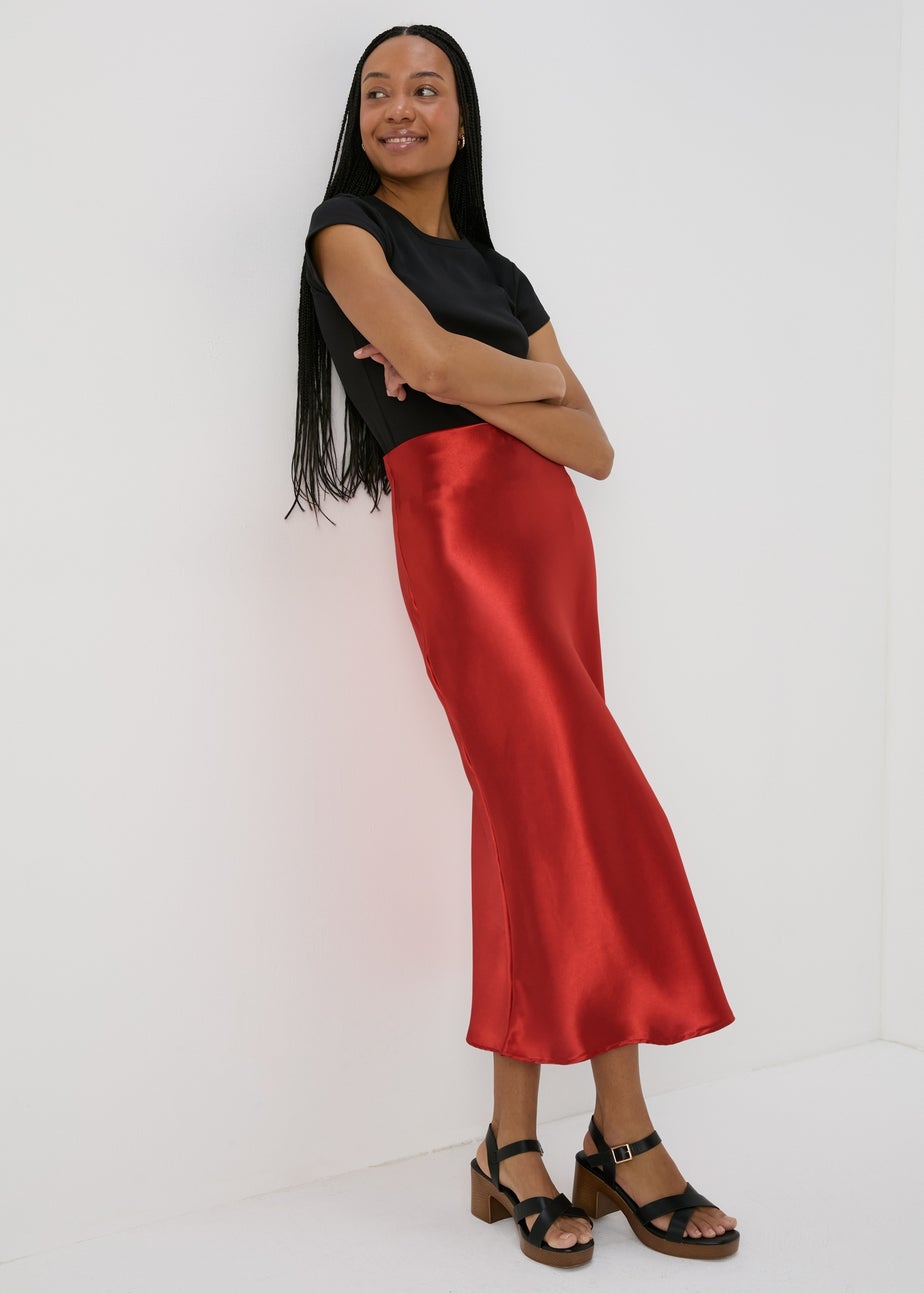 Red Satin Midi Skirt Matalan