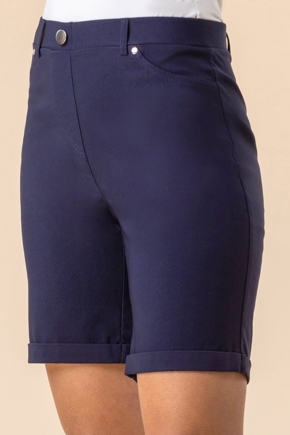 Roman Navy Elastic Waist Turn Up Stretch Shorts