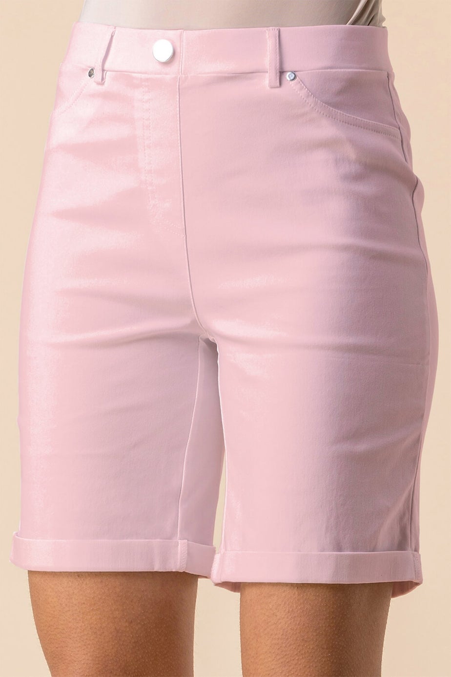 Roman Pink Elastic Waist Turn Up Stretch Shorts