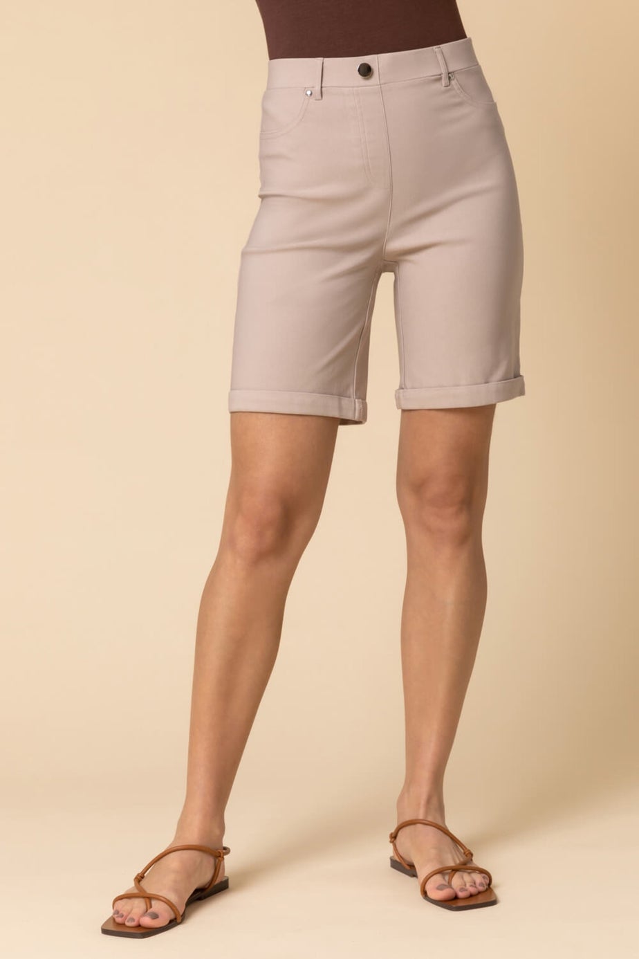 Roman Natural Elastic Waist Turn Up Stretch Shorts