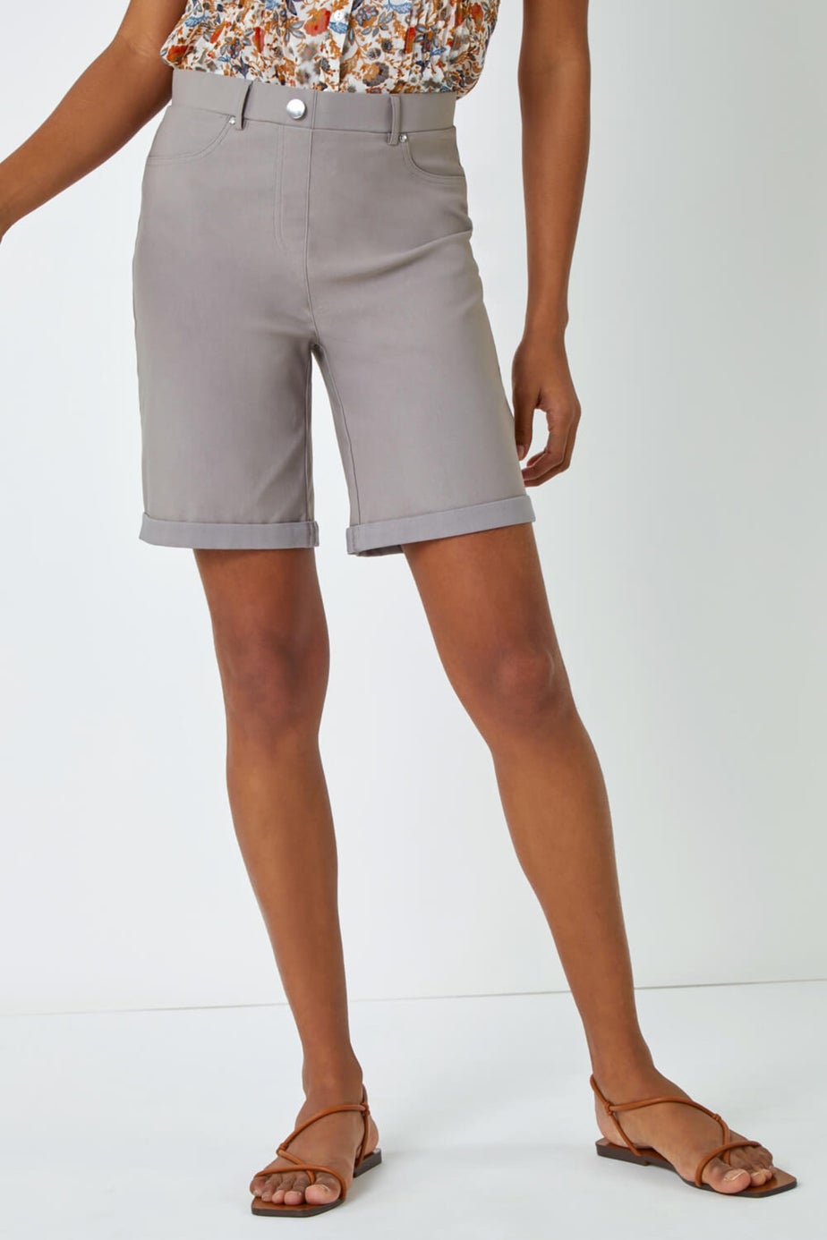 Roman Taupe Elastic Waist Turn Up Stretch Shorts