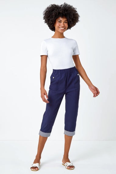 Roman Navy Contrast Detail Cropped Stretch Trousers