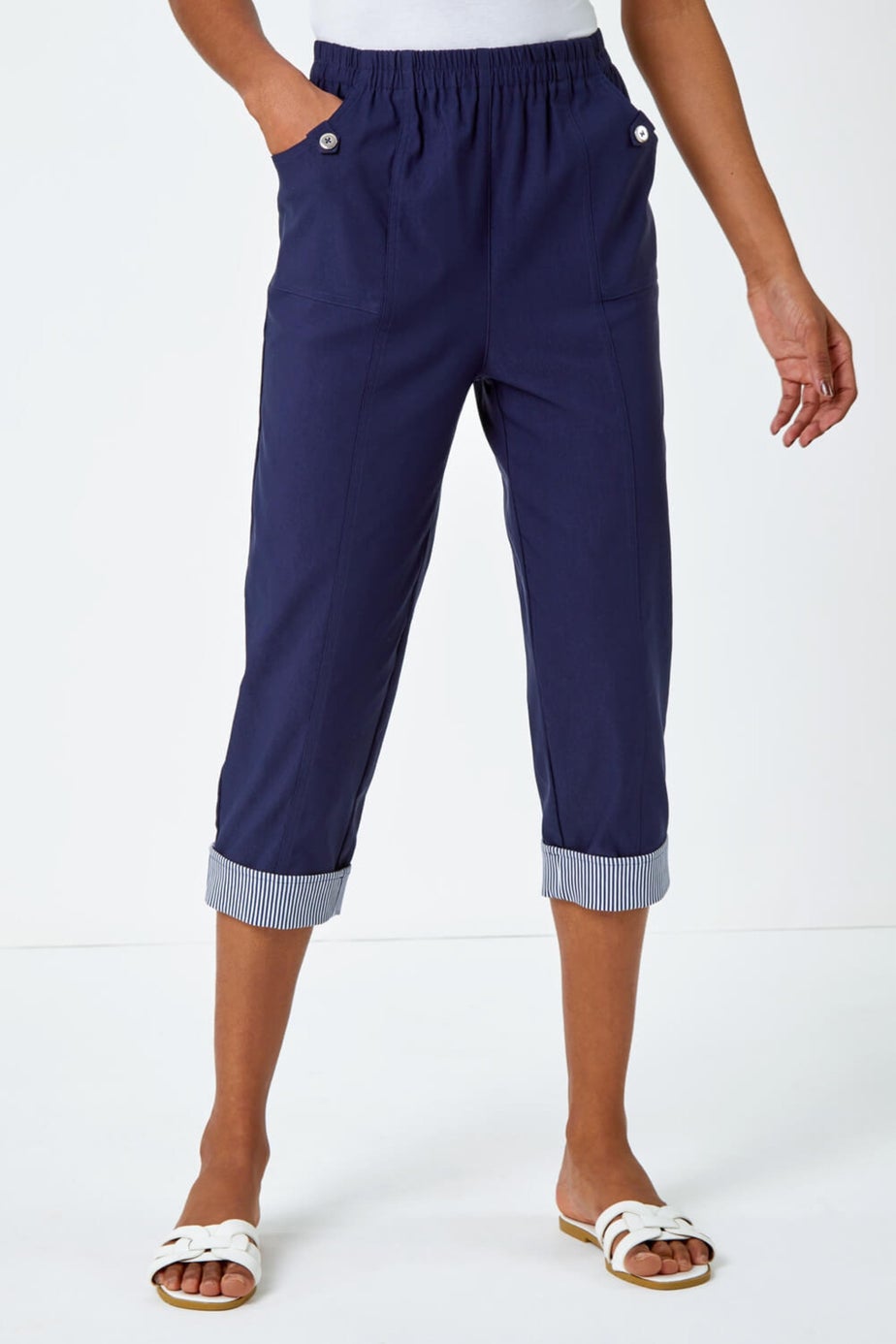 Roman Navy Contrast Detail Cropped Stretch Trousers