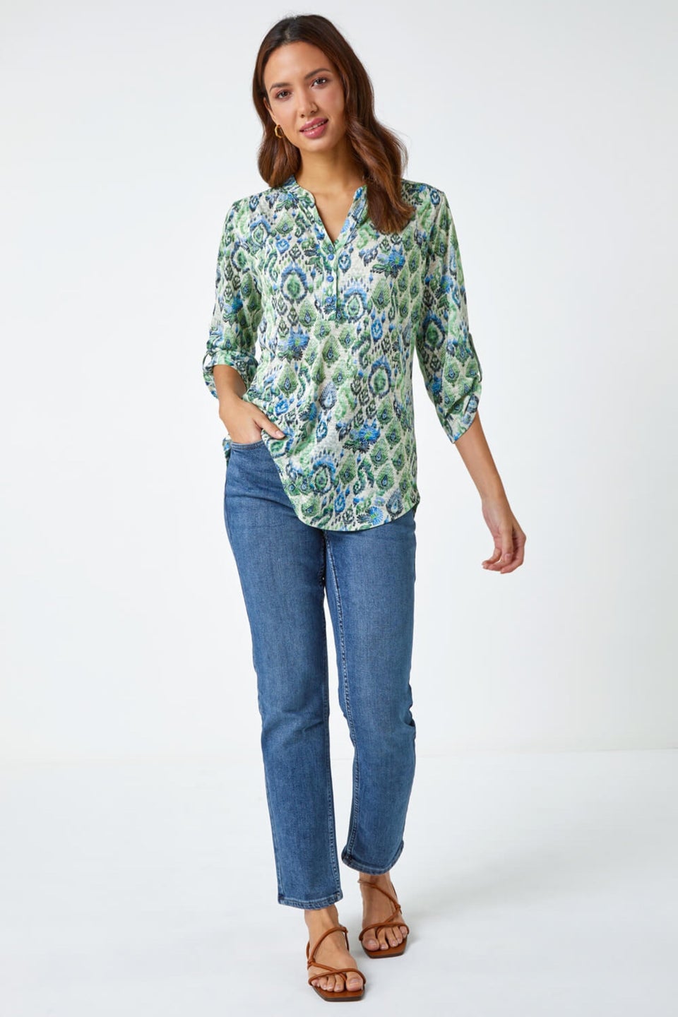 Roman Green Aztec Burnout Print Relaxed V-Neck Tunic Top