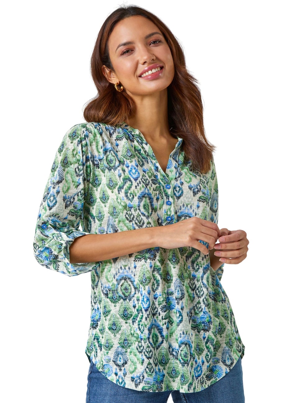 Roman Green Aztec Burnout Print Relaxed V-Neck Tunic Top