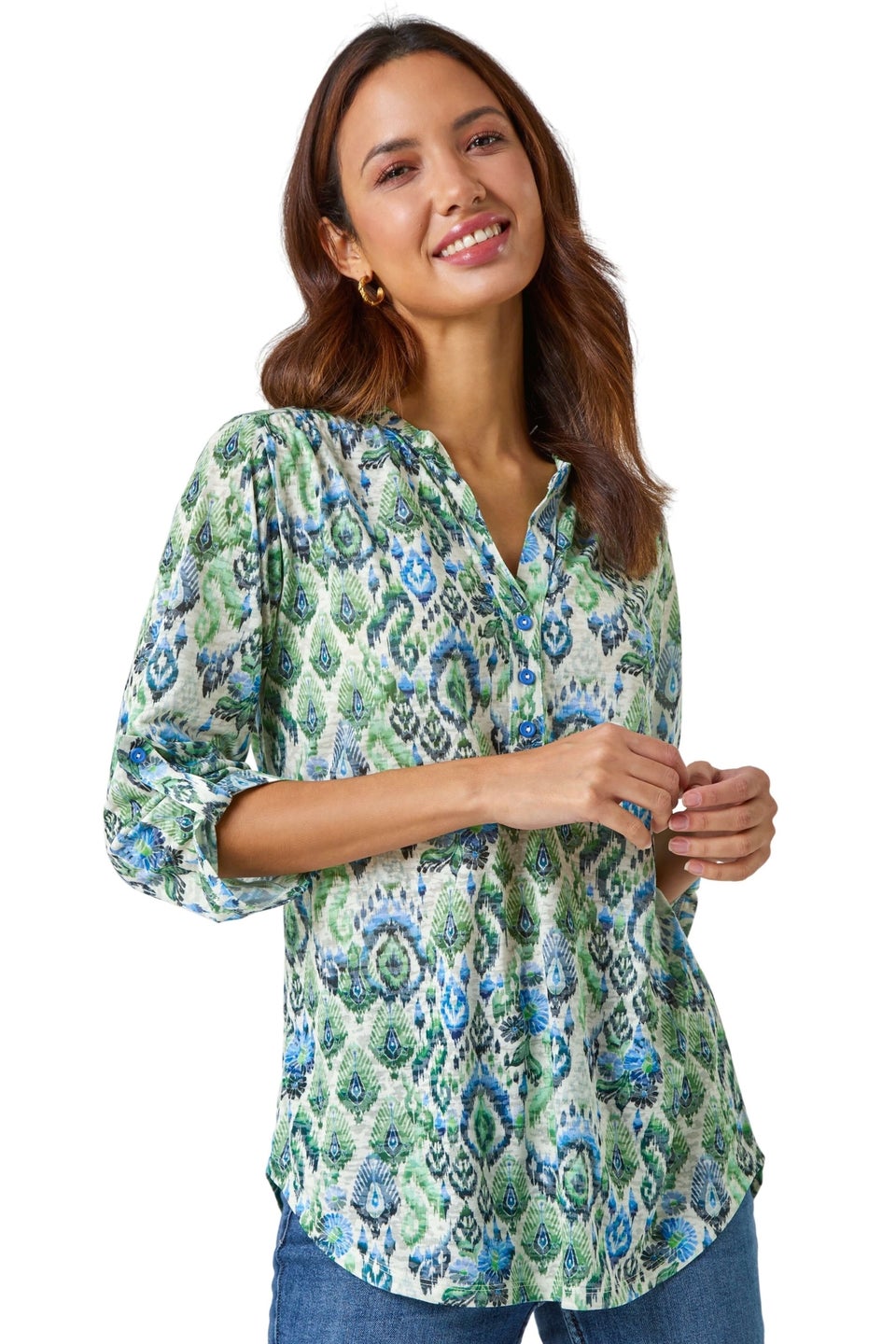 Roman Green Aztec Burnout Print Relaxed V-Neck Tunic Top