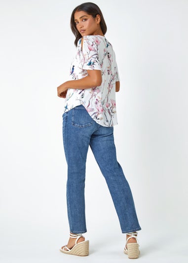 Roman Ivory Floral Angel Sleeve V-Neck Top