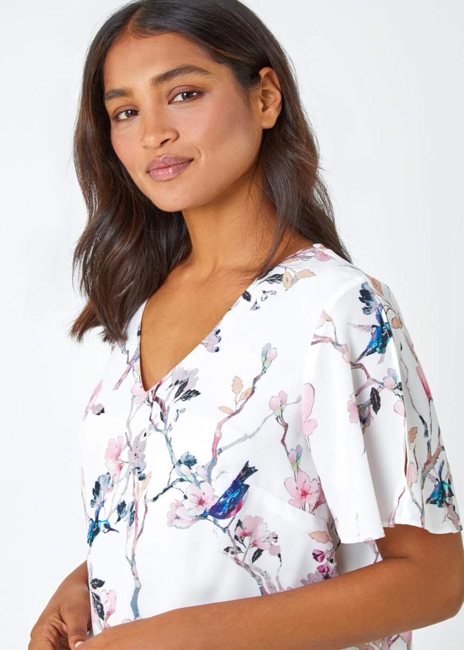 Roman Ivory Floral Angel Sleeve V-Neck Top