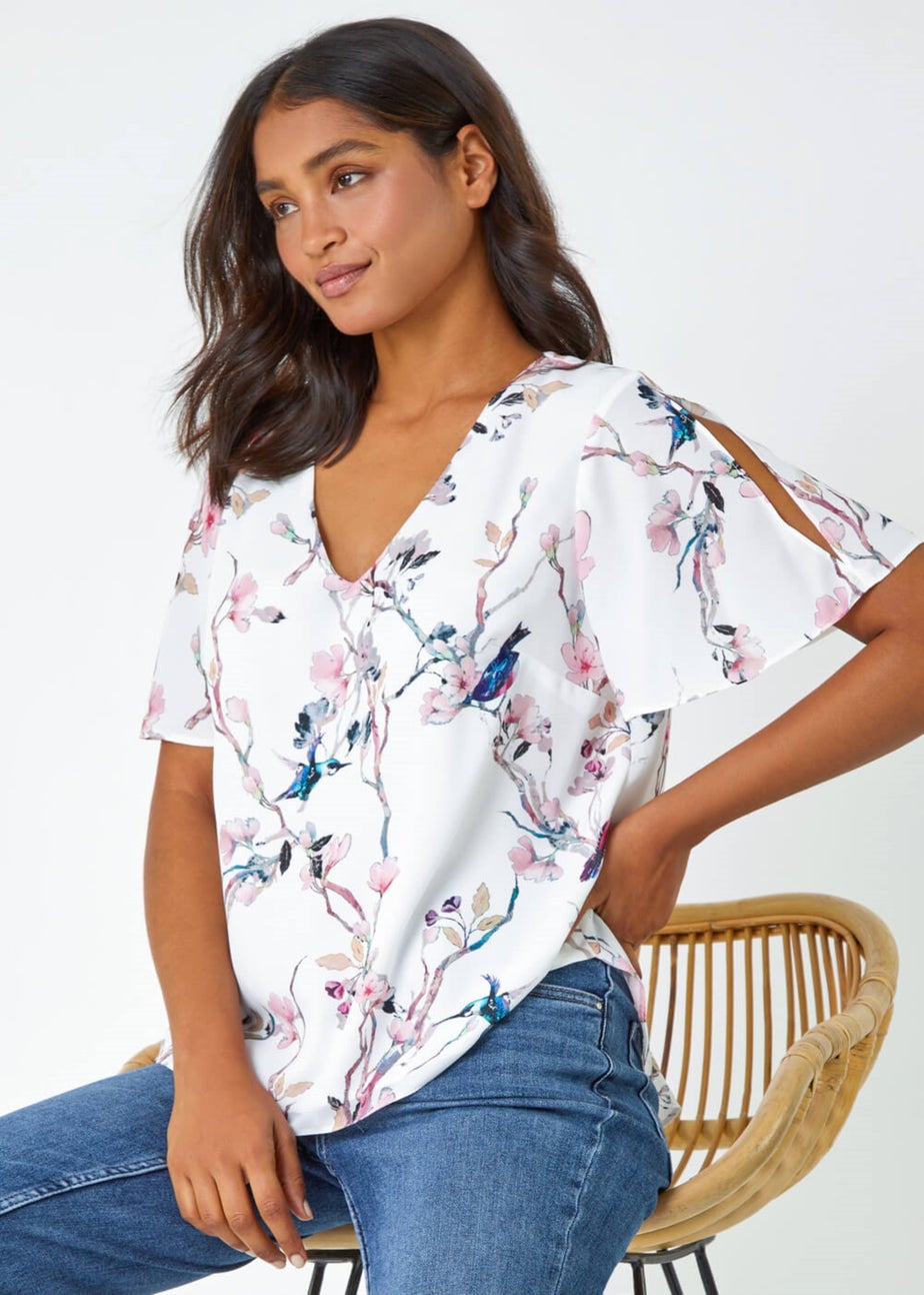 Roman Ivory Floral Angel Sleeve V-Neck Top