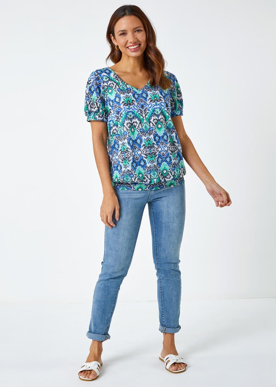 Roman Green Aztec Burnout Print V-Neck Blouson Hem Top