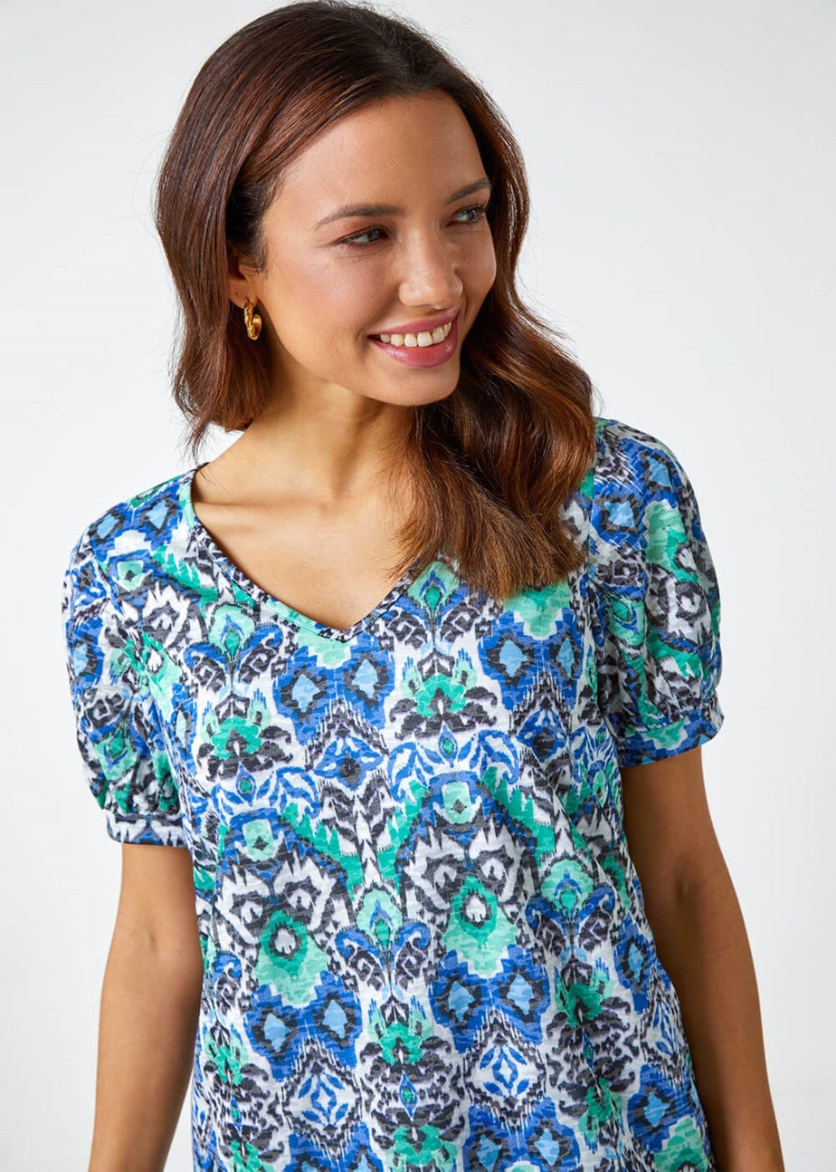 Roman Green Aztec Burnout Print V-Neck Blouson Hem Top