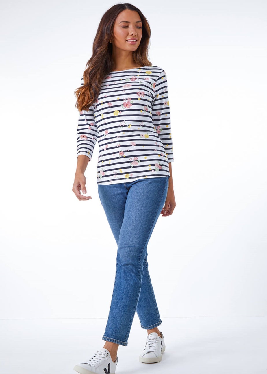 Roman Ivory Floral Print Stripe Top