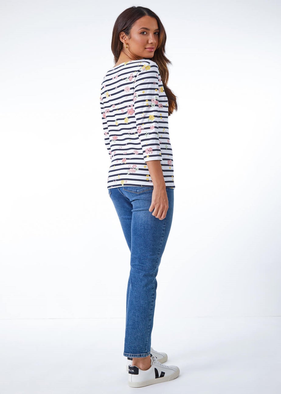 Roman Ivory Floral Print Stripe Top