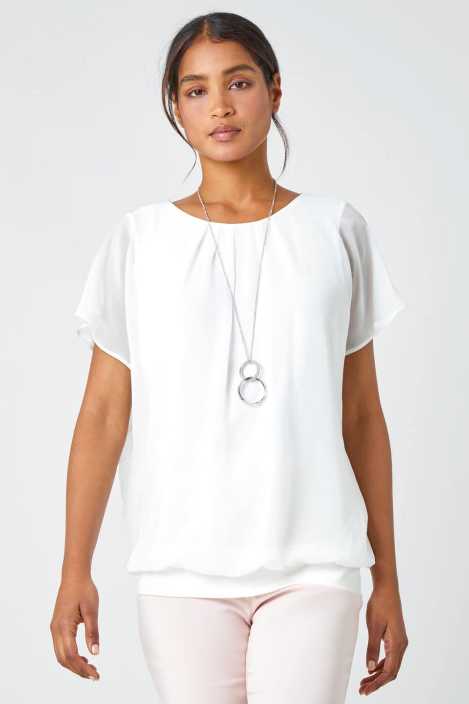Roman Ivory Chiffon Jersey Blouson Top with Necklace