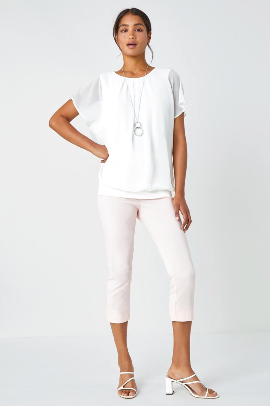 Roman Ivory Chiffon Jersey Blouson Top with Necklace