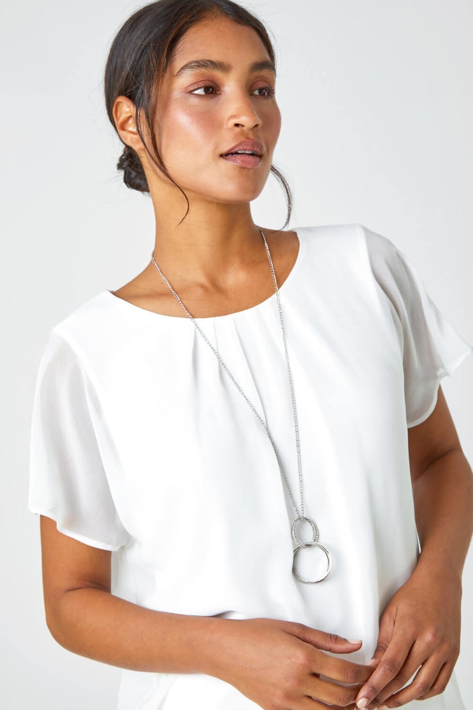 Roman Ivory Chiffon Jersey Blouson Top with Necklace