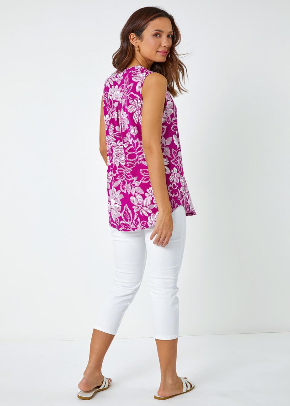Roman Magenta Textured Floral Print Sleeveless Top
