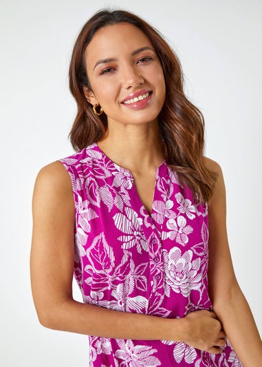 Roman Magenta Textured Floral Print Sleeveless Top