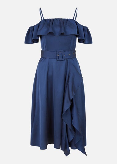 Yumi Navy Bardot Satin Frill Dress With Belt