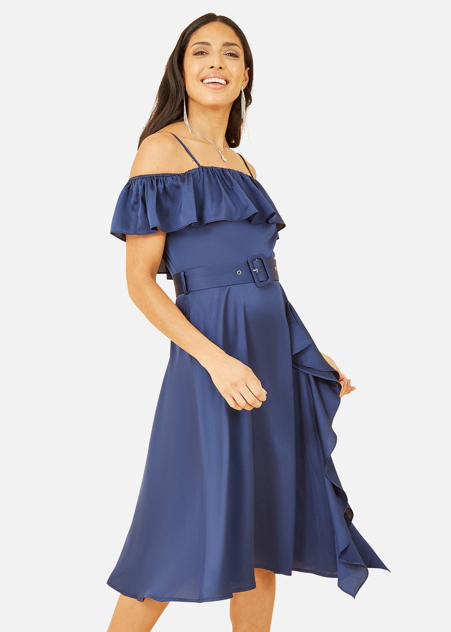 Yumi Navy Bardot Satin Frill Dress With Belt