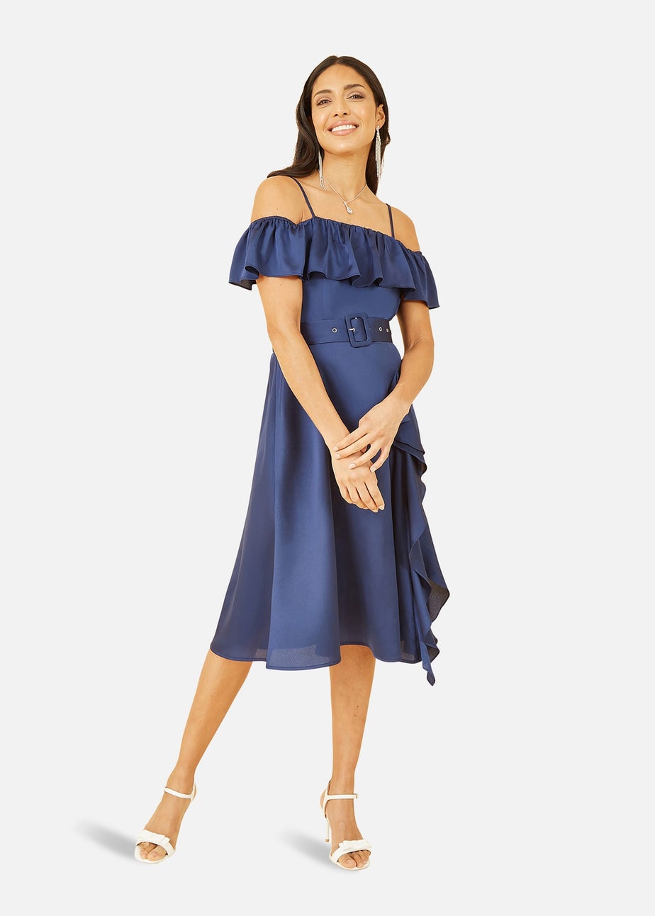 Yumi Navy Bardot Satin Frill Dress With Belt