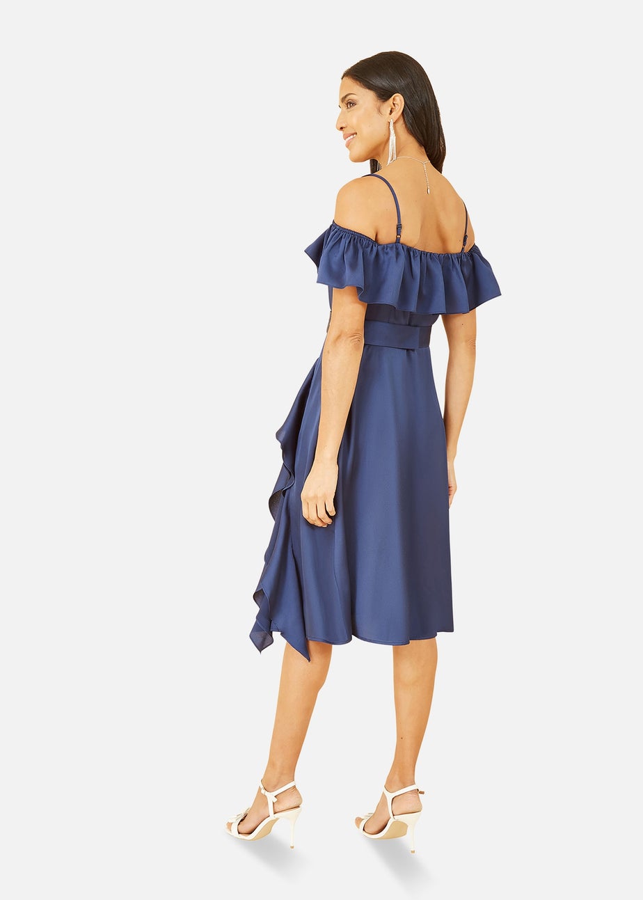 Yumi Navy Bardot Satin Frill Dress With Belt