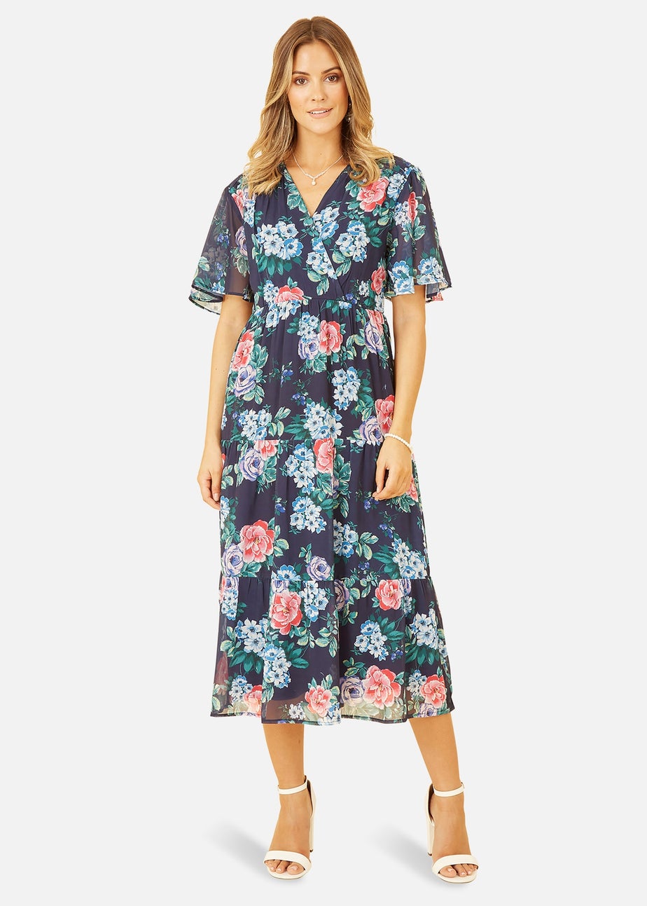 Yumi Navy Floral Wrap Midi Dress With Tiered Hem