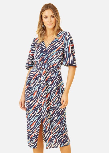Yumi Navy Zebra Stripe Kimono Sleeve Midi Dress