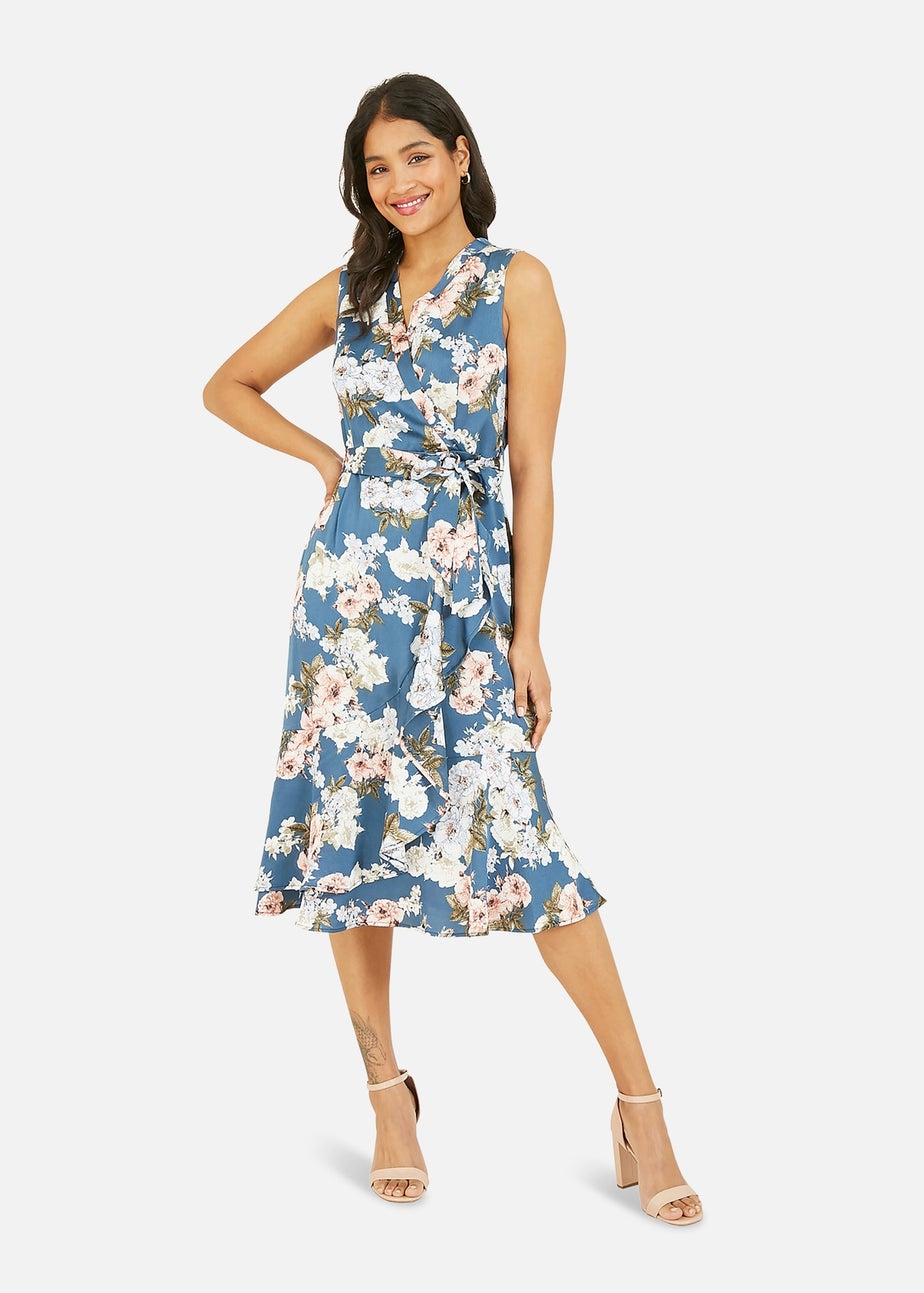 Mela Blue Floral Satin Wrap Midi Dress
