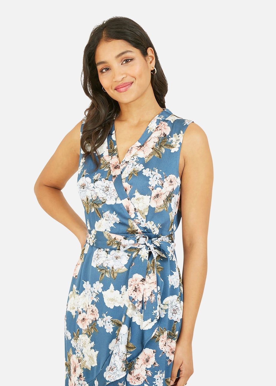Mela Blue Floral Satin Wrap Midi Dress
